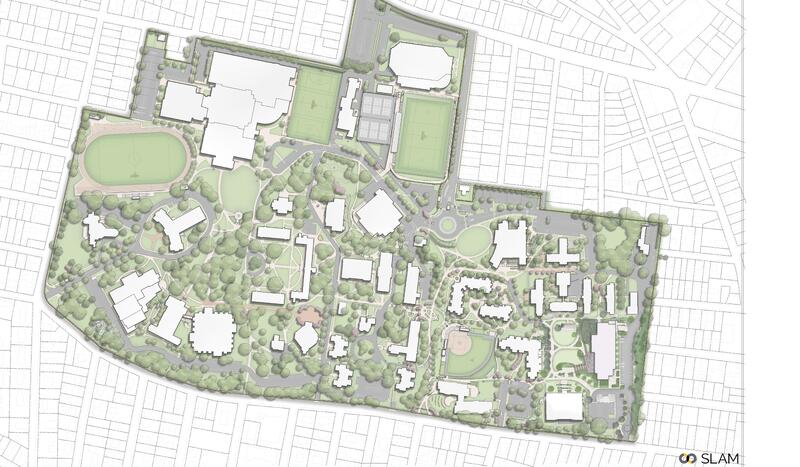 Detailed map of Providence College with buildings, sports fields, green spaces, pathways, and surrounding residential streets.