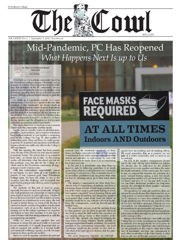 Front page of The Cowl newspaper from September 3, 2020, with the headline 'Mid-Pandemic, PC Has Reopened' and a large sign stating 'Face Masks Required at All Times Indoors and Outdoors' during the COVID-19 pandemic.