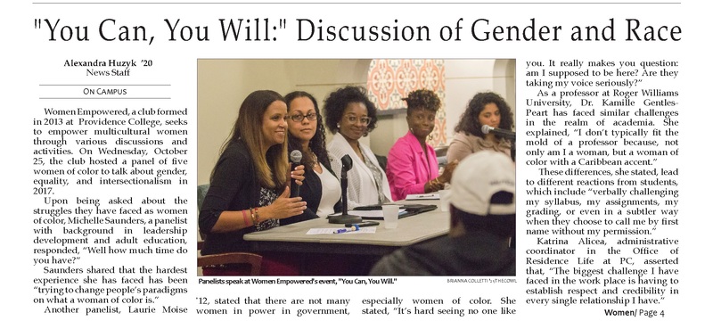 Newspaper article titled "'You Can, You Will!' Discussion of Gender and Race" by Alexandra Huyck '20, News Staff. The article discusses a panel event hosted by Women Empowered at Providence College to empower multicultural women. The image shows a panel of five women speaking into microphones at the event.