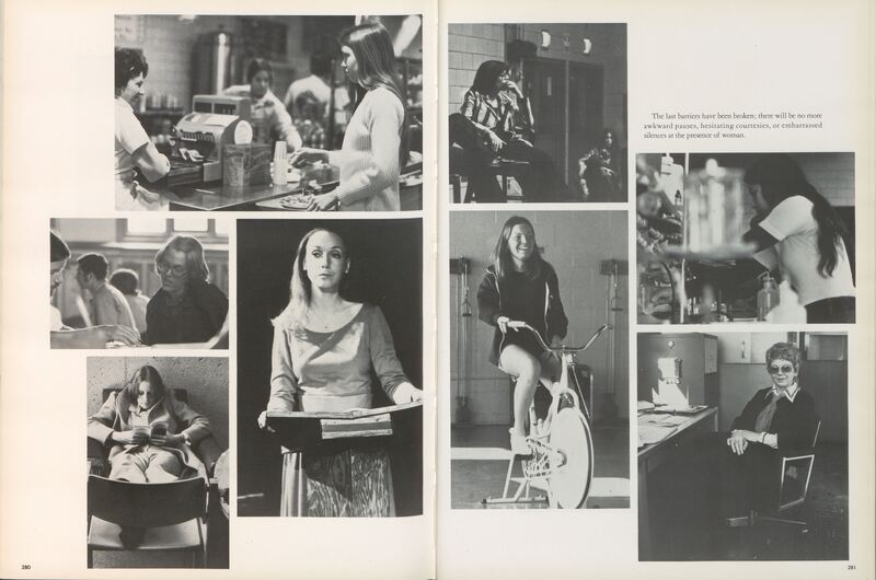 Collage of black and white photographs. The left page features images of students engaged in different activities such as working in a cafeteria, reading, and sitting on a couch. The right page includes images of students conducting experiments, riding an exercise bike, and studying at a desk. There is also text that reads: 'The best learn how to learn, then do it! And no one ever outgrows education because the necessity to understand never takes a day off.'
