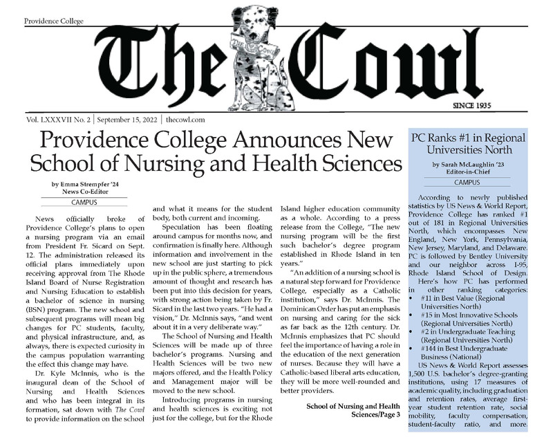 Front page of The Cowl newspaper from September 15, 2022, announcing Providence College’s new School of Nursing and Health Sciences and highlighting its #1 ranking among Regional Universities North.