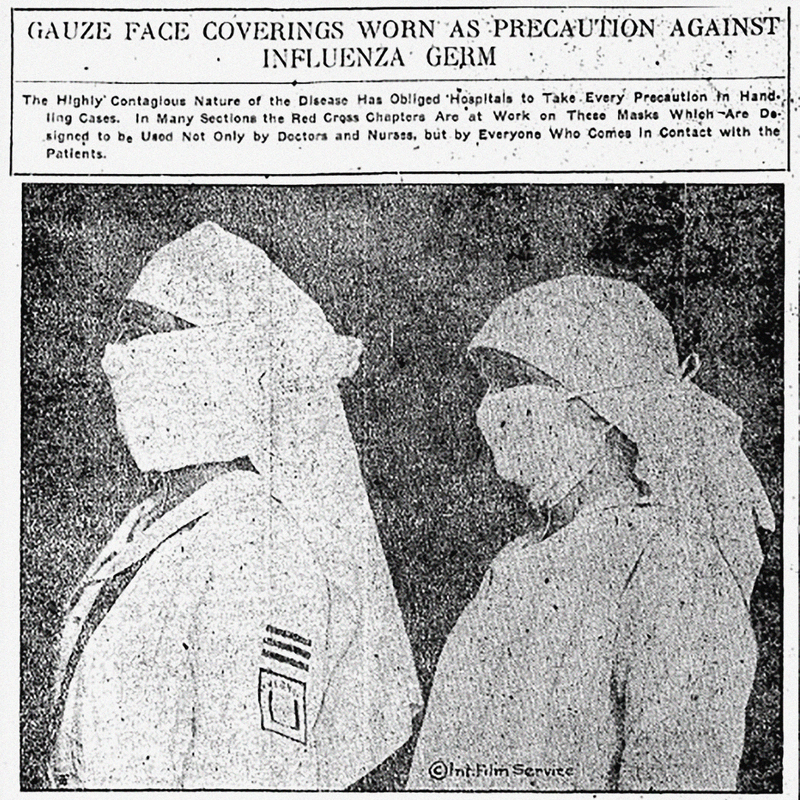 Two individuals in white uniforms and gauze face coverings, with only their eyes visible, shown as a precaution against influenza in a historical hospital setting.