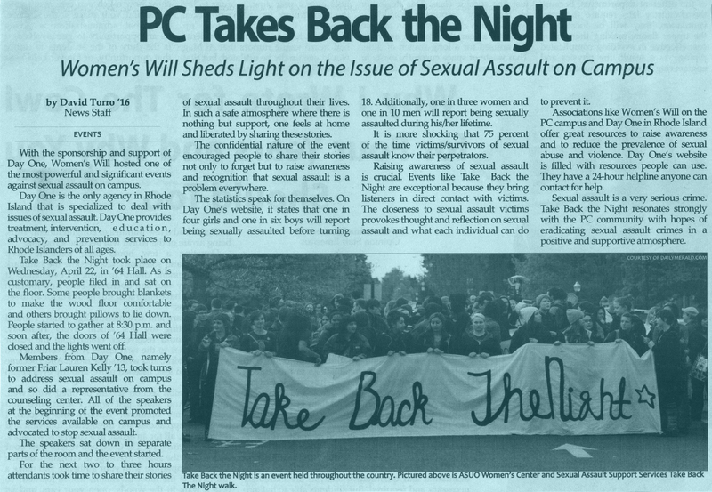 newspaper article titled "PC Takes Back the Night" with a subtitle "Women's Will Sheds Light on the Issue of Sexual Assault on Campus." The article, written by David Torro '16, discusses an event called Take Back the Night, which took place at Providence College to raise awareness about sexual assault and support survivors. The accompanying image shows a group of people holding a large banner that reads "Take Back The Night."
