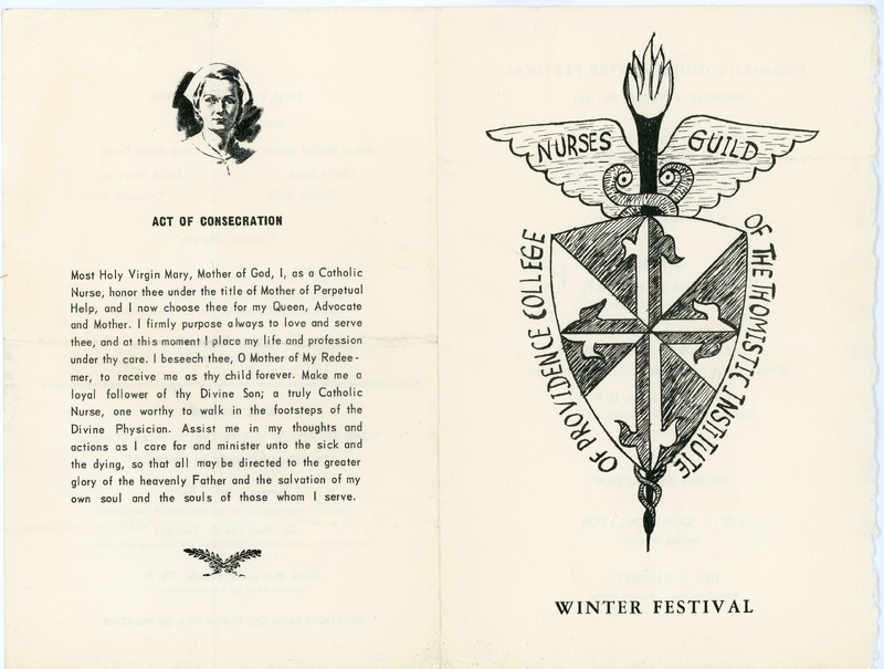 Pamphlet featuring a prayer titled 'Act of Consecration' and an emblem for the Nurses Guild of the Thomistic Institute of Providence College with the text 'Winter Festival' below it.