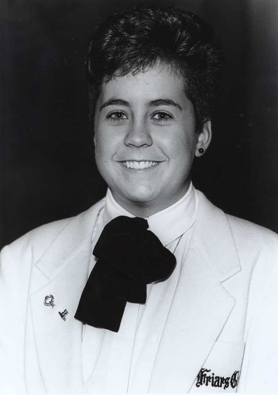 Shelley McBride poses for a photograph in a Friars Club jacket.