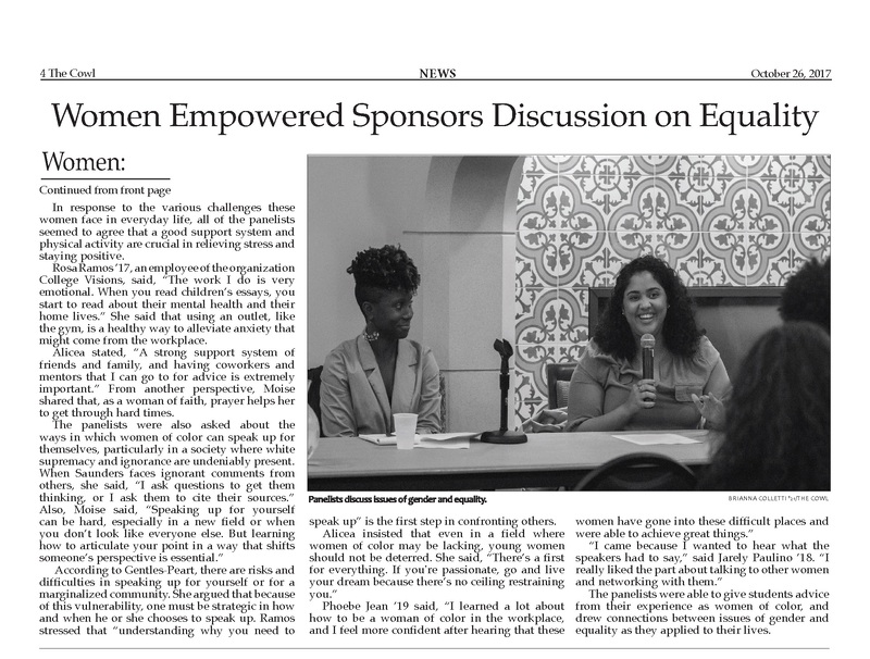 Newspaper article titled "Women Empowered Sponsors Discussion on Equality" with a photo of three women sitting at a table, participating in a discussion. The article continues from the front page and discusses various challenges women face and the importance of support systems and taking action for equality.