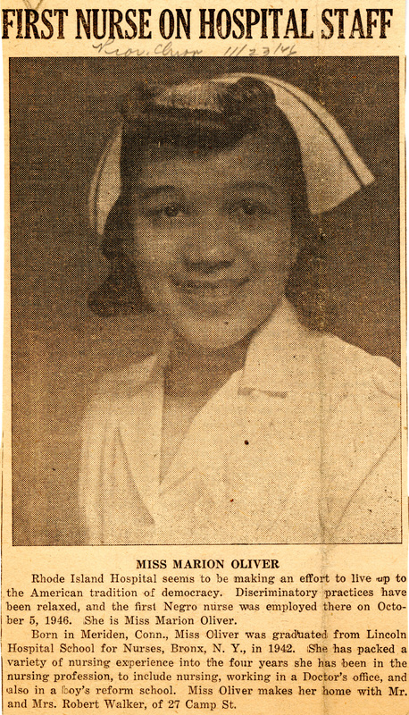 Newspaper clipping titled 'FIRST NURSE ON HOSPITAL STAFF' featuring Marion Oliver wearing scrubs and posing for a portrait.