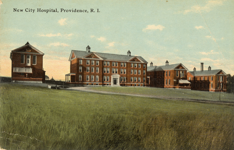 Vintage postcard of New City Hospital in Providence, Rhode Island, showing red brick buildings with white trim, a central entrance with steps, and a grassy foreground under a blue sky.