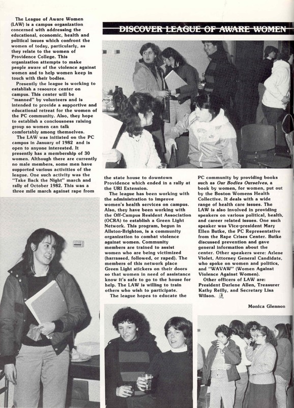 black and white newsletter page titled "Discover League of Aware Women." The page contains several images of women participating in various activities, such as reading books and attending meetings. The text discusses the League of Aware Women and highlights the group's efforts to educate the public on these issues through rallies, book distributions, and other community events.