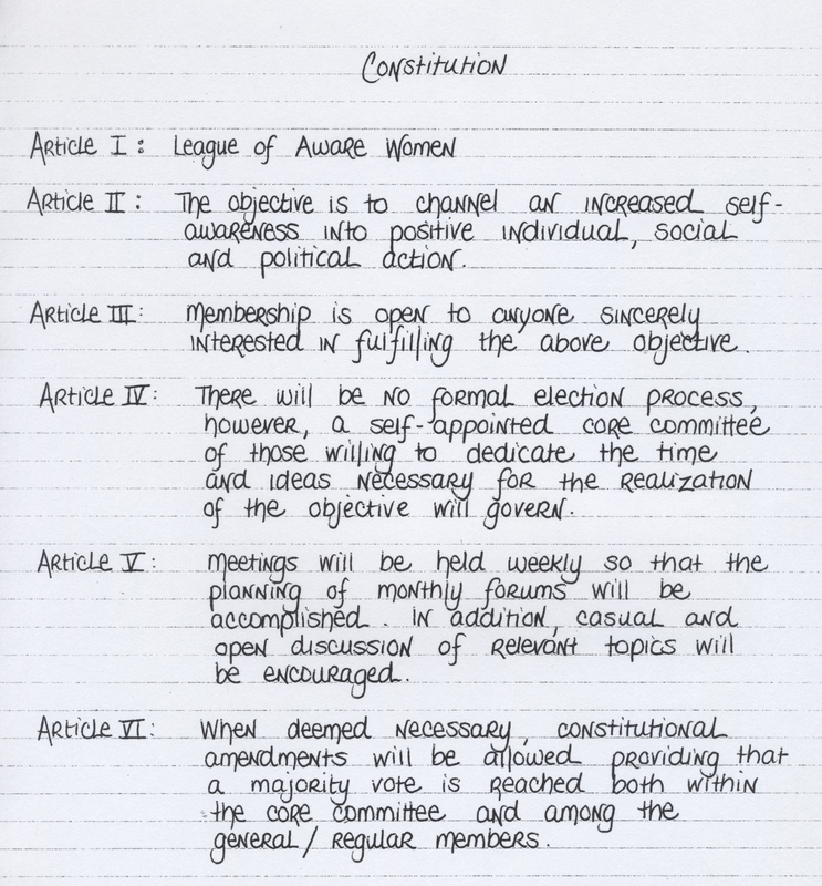 Handwritten document titled "Constitution" with six articles outlining the objectives, membership criteria, election process, meeting schedules, and amendment procedures for an organization called the League of Aware Women.
