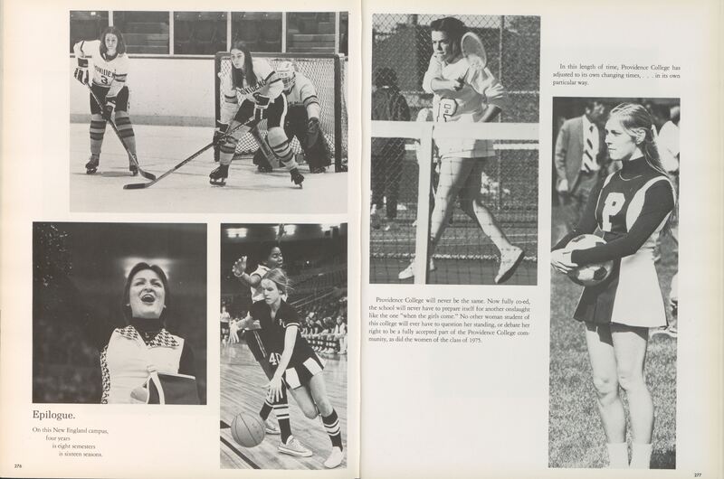 Two-page spread from a yearbook featuring various sports images and a short epilogue. The left page has four black-and-white photos: the top left shows two female hockey players in action, the top right shows a female tennis player hitting a ball, the bottom left shows a cheerleader with her face obscured by an edit, and the bottom right shows a basketball player mid-game. The right page has two black-and-white photos: the top photo shows a female athlete running on a track, and the bottom photo shows another cheerleader holding pom-poms. There is also text on both pages.