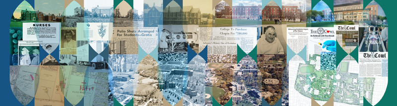 Collage of historical and modern visuals related to Providence College, featuring buildings, aerial views, newspaper clippings, maps, and people.