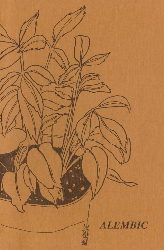 Orange cover of the Alembic journal with a brown drawing of a plant in a pot.
