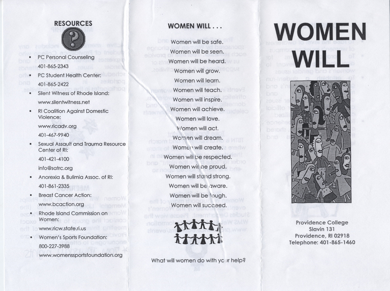 Trifold brochure titled "WOMEN WILL" from Providence College, Slavin 131, Providence, RI 02918. The brochure lists various resources for support services and includes a series of affirmations about what women will achieve. It provides contact information for counseling, health services, and various organizations related to women's issues. The affirmations highlight women's safety, strength, leadership, and success.