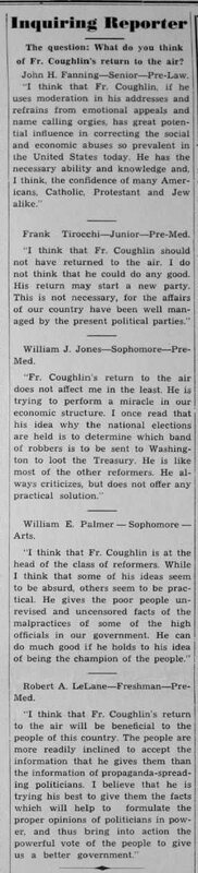 A newspaper column titled "Inquiring Reporter" from January 14, 1938, featuring five Providence College students' opinions on Fr. Coughlin's return to radio, with varied perspectives ranging from support to criticism.