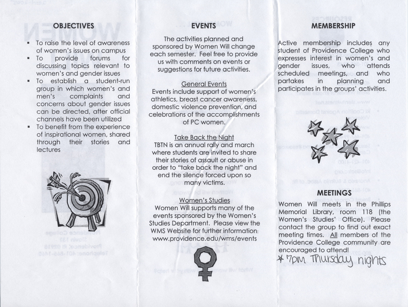 Trifold brochure with sections titled "Objectives," "Events," "Membership," and "Meetings." The brochure discusses raising awareness of women's issues on campus, supporting student-run groups, and providing forums for discussion. It lists various events such as General Events, Take Back the Night, and Women's Studies. Membership details include active participation in groups' activities. Meetings were held in the Philips Memorial Library at 7pm on Thursday nights.