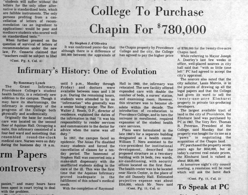 Black and white newspaper page featuring the headline 'College To Purchase Chapin For $780,000,' with additional articles on the history of the college infirmary.