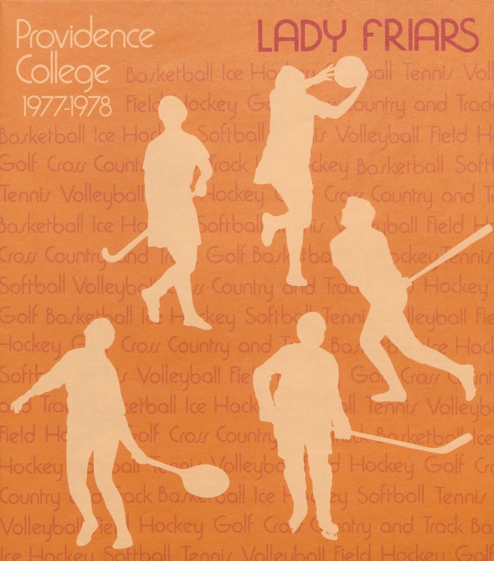Orange poster for Providence College Lady Friars from 1977-1978, featuring silhouettes of female athletes playing various sports including basketball, tennis, field hockey, and lacrosse.