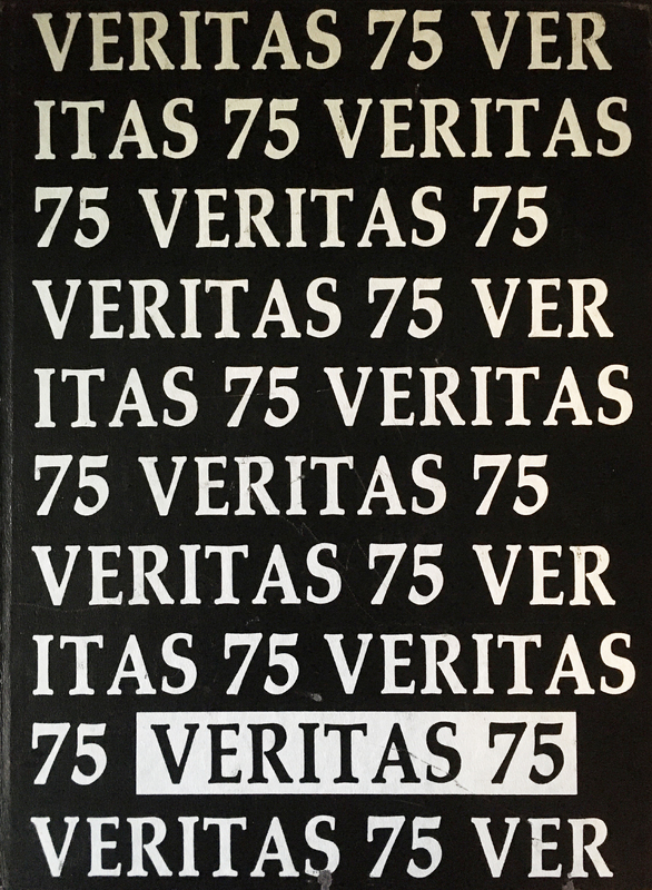 Black and white cover of the Providence College yearbook. The phrase 'Veritas 75' is repeated throughout the page.