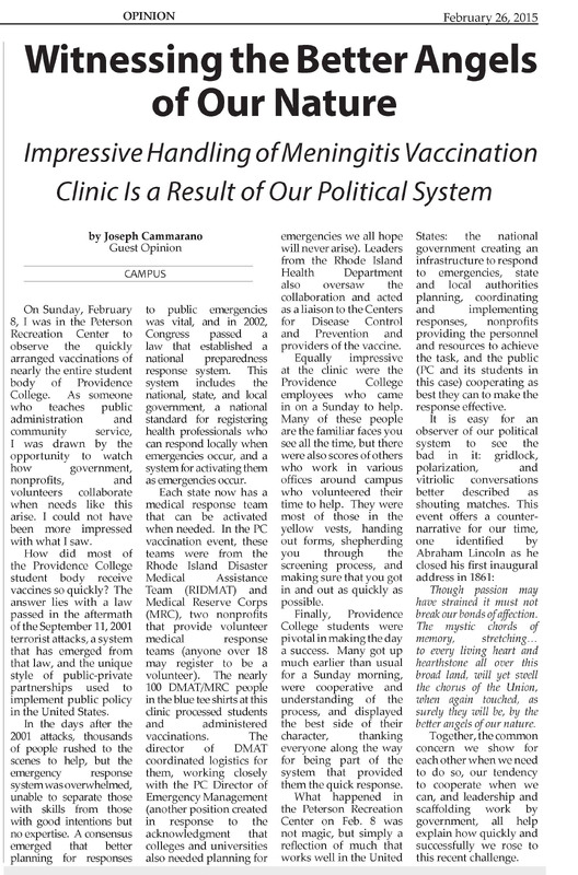 Newspaper opinion article titled 'Witnessing the Better Angels of Our Nature' by Joseph Cammarano, praising the effective handling of a meningitis vaccination clinic through government and local collaboration.