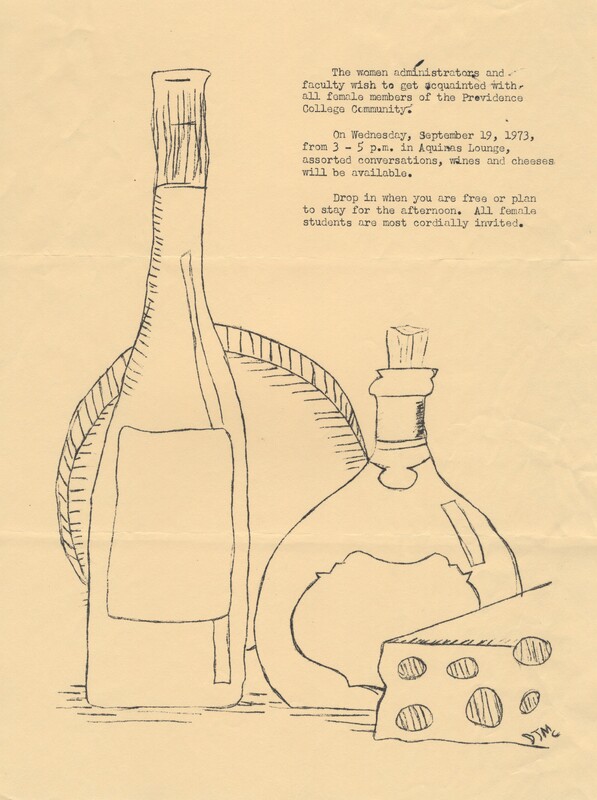 Hand-drawn sketch of two bottles and a wedge of cheese on an aged piece of paper advertising the Women's Liason Committee's wine and cheese event in Aquinas Lounge, September 13, 1973.