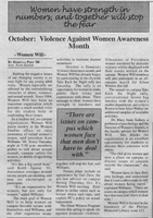 Newspaper article titled "October: Violence Against Women Awareness Month" by Rebecca Piro '00, Assistant News Editor. The article discusses the importance of raising awareness about violence against women and mentions various activities organized by Women Will to increase awareness. It highlights a rally and Take Back the Night event, which includes a march and speak-out session. The article also features quotes from students emphasizing the need for addressing issues faced by women on campus.