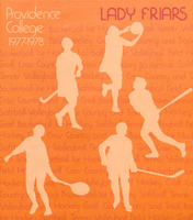Orange poster for Providence College Lady Friars from 1977-1978, featuring silhouettes of female athletes playing various sports including basketball, tennis, field hockey, and lacrosse.