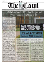 Front page of The Cowl newspaper from September 3, 2020, with the headline 'Mid-Pandemic, PC Has Reopened' and a large sign stating 'Face Masks Required at All Times Indoors and Outdoors' during the COVID-19 pandemic.