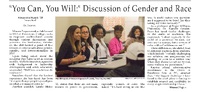 Newspaper article titled "'You Can, You Will!' Discussion of Gender and Race" by Alexandra Huyck '20, News Staff. The article discusses a panel event hosted by Women Empowered at Providence College to empower multicultural women. The image shows a panel of five women speaking into microphones at the event.