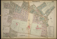 Map showing detailed street layouts, parks, and landmarks like City Hospital and Providence College, with a reference key on the right.