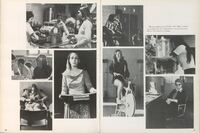 Collage of black and white photographs. The left page features images of students engaged in different activities such as working in a cafeteria, reading, and sitting on a couch. The right page includes images of students conducting experiments, riding an exercise bike, and studying at a desk. There is also text that reads: 'The best learn how to learn, then do it! And no one ever outgrows education because the necessity to understand never takes a day off.'