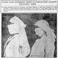 Two individuals in white uniforms and gauze face coverings, with only their eyes visible, shown as a precaution against influenza in a historical hospital setting.