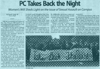 newspaper article titled "PC Takes Back the Night" with a subtitle "Women's Will Sheds Light on the Issue of Sexual Assault on Campus." The article, written by David Torro '16, discusses an event called Take Back the Night, which took place at Providence College to raise awareness about sexual assault and support survivors. The accompanying image shows a group of people holding a large banner that reads "Take Back The Night."