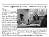 Newspaper article titled "Women Empowered Sponsors Discussion on Equality" with a photo of three women sitting at a table, participating in a discussion. The article continues from the front page and discusses various challenges women face and the importance of support systems and taking action for equality.