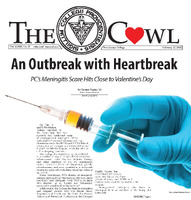 Front page of The Cowl newspaper from February 12, 2015, with the headline 'An Outbreak with Heartbreak' about a meningitis scare at Providence College, featuring a photo of a gloved hand holding a syringe.