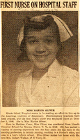 Newspaper clipping titled 'FIRST NURSE ON HOSPITAL STAFF' featuring Marion Oliver wearing scrubs and posing for a portrait.