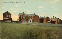 Vintage postcard of New City Hospital in Providence, Rhode Island, showing red brick buildings with white trim, a central entrance with steps, and a grassy foreground under a blue sky.