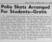 Newspaper clipping from The Cowl dated February 13, 1957, announcing free Salk polio vaccine shots for students at Providence College.