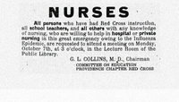 Historical notice from the Providence Chapter Red Cross calling for nurses and others with nursing knowledge to assist during the Influenza Epidemic, dated October 7.