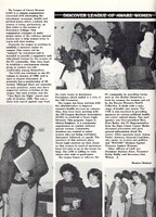 black and white newsletter page titled "Discover League of Aware Women." The page contains several images of women participating in various activities, such as reading books and attending meetings. The text discusses the League of Aware Women and highlights the group's efforts to educate the public on these issues through rallies, book distributions, and other community events.