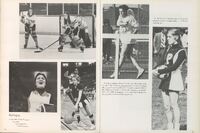 Two-page spread from a yearbook featuring various sports images and a short epilogue. The left page has four black-and-white photos: the top left shows two female hockey players in action, the top right shows a female tennis player hitting a ball, the bottom left shows a cheerleader with her face obscured by an edit, and the bottom right shows a basketball player mid-game. The right page has two black-and-white photos: the top photo shows a female athlete running on a track, and the bottom photo shows another cheerleader holding pom-poms. There is also text on both pages.