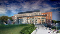 Rendered image of modern multi-story building with glass, brick, and stone exterior, surrounded by trees and lawn, with people sitting on benches along a wide staircase under a partly cloudy sunset sky.