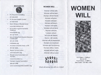 Trifold brochure titled "WOMEN WILL" from Providence College, Slavin 131, Providence, RI 02918. The brochure lists various resources for support services and includes a series of affirmations about what women will achieve. It provides contact information for counseling, health services, and various organizations related to women's issues. The affirmations highlight women's safety, strength, leadership, and success.
