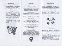 Trifold brochure with sections titled "Objectives," "Events," "Membership," and "Meetings." The brochure discusses raising awareness of women's issues on campus, supporting student-run groups, and providing forums for discussion. It lists various events such as General Events, Take Back the Night, and Women's Studies. Membership details include active participation in groups' activities. Meetings were held in the Philips Memorial Library at 7pm on Thursday nights.
