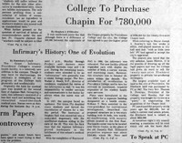 Black and white newspaper page featuring the headline 'College To Purchase Chapin For $780,000,' with additional articles on the history of the college infirmary.