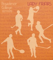 Orange poster for Providence College Lady Friars from 1977-1978, featuring silhouettes of female athletes playing various sports including basketball, tennis, field hockey, and lacrosse.