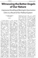 Newspaper opinion article titled 'Witnessing the Better Angels of Our Nature' by Joseph Cammarano, praising the effective handling of a meningitis vaccination clinic through government and local collaboration.