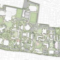 Detailed map of Providence College with buildings, sports fields, green spaces, pathways, and surrounding residential streets.