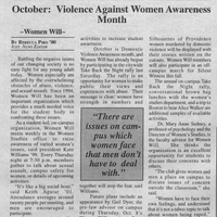 Newspaper article titled "October: Violence Against Women Awareness Month" by Rebecca Piro '00, Assistant News Editor. The article discusses the importance of raising awareness about violence against women and mentions various activities organized by Women Will to increase awareness. It highlights a rally and Take Back the Night event, which includes a march and speak-out session. The article also features quotes from students emphasizing the need for addressing issues faced by women on campus.