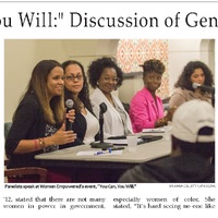 Newspaper article titled "'You Can, You Will!' Discussion of Gender and Race" by Alexandra Huyck '20, News Staff. The article discusses a panel event hosted by Women Empowered at Providence College to empower multicultural women. The image shows a panel of five women speaking into microphones at the event.